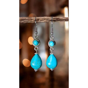 Boho Faux Turquoise Dangle Earrings Silver Tone Drop Earrings